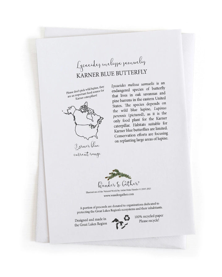 Educational information about Karner blue butterfly with text and illustrations on back of card