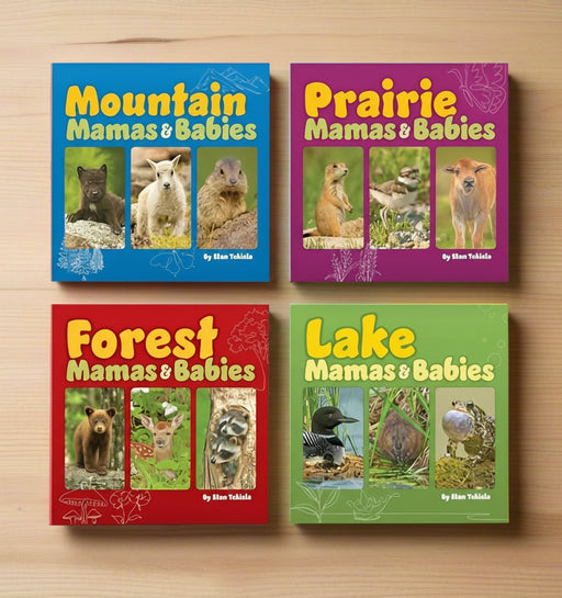 Four children's books titled 'Mountain Mamas & Babies', 'Prairie Mamas & Babies', 'Forest Mamas & Babies', and 'Lake Mamas & Babies' on a light wooden background.