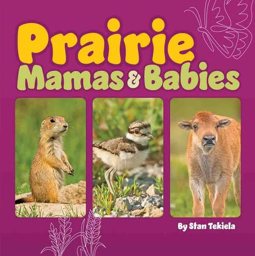 Book cover of 'Prairie Mamas & Babies' with images of a prairie dog, bird, and calf on a purple background.