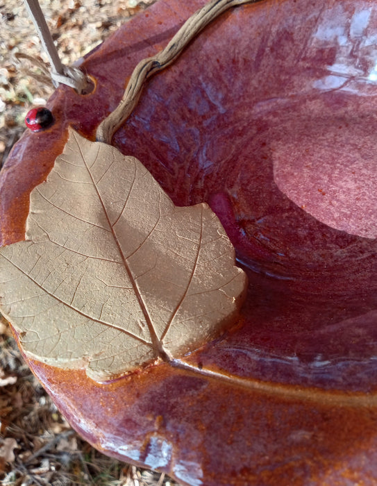 Hanging Bird Bath - Red Maple Leaf Bowl - closeup of leaf detail