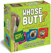 Box of 'Whose Butt?' memory game with animal illustrations on a green background