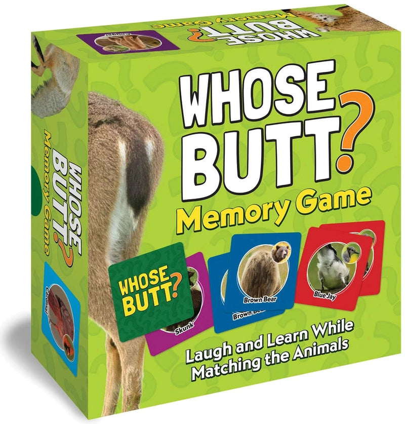 Box of 'Whose Butt?' memory game with animal illustrations on a green background