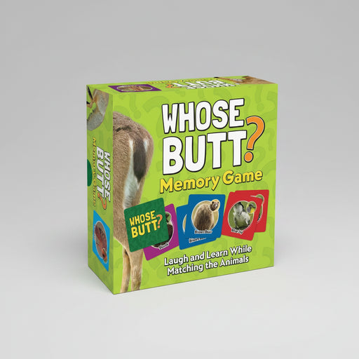 Box of 'Whose Butt?' memory game with animal illustrations on a green background