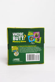 Back of box of 'Whose Butt?' memory game on a white background