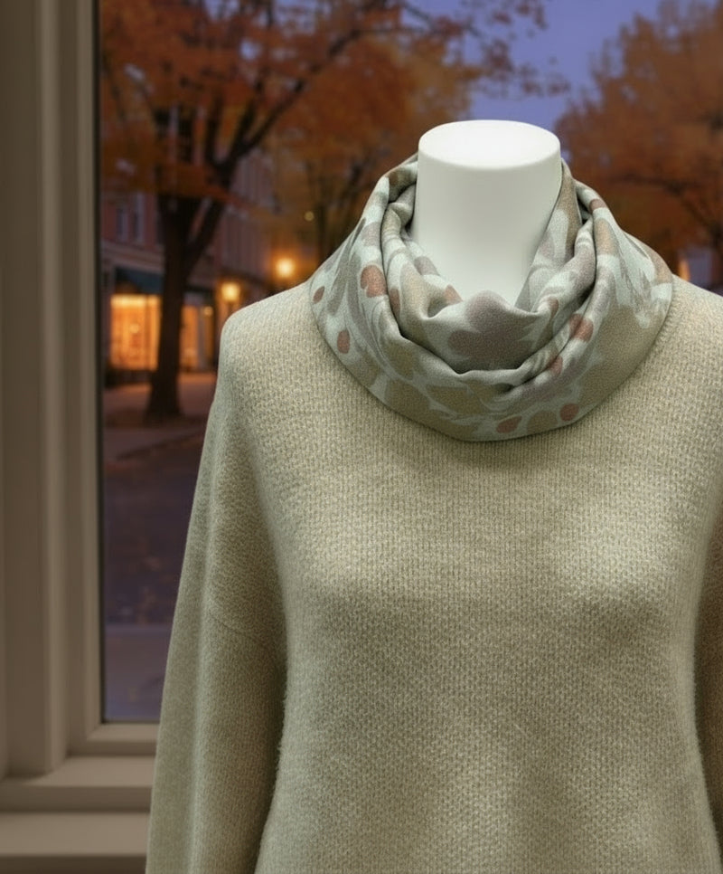  scarf with autumnal leaf pattern in brown, red, and beige on a mannequin form in a retail setting 