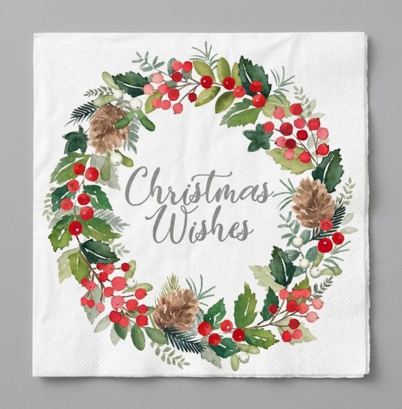 Merry Wreath Lunch Napkins - White