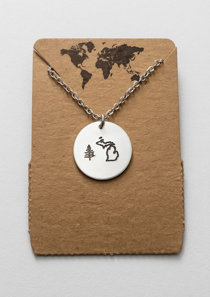 Michigan State Pendant with Pine Tree in Silver