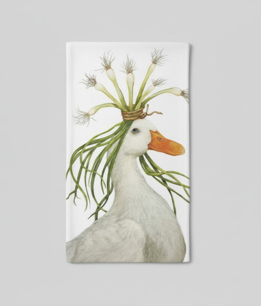 Kitchen/Bar Towel with white goose design wearing a green onion flowing hat on a white background