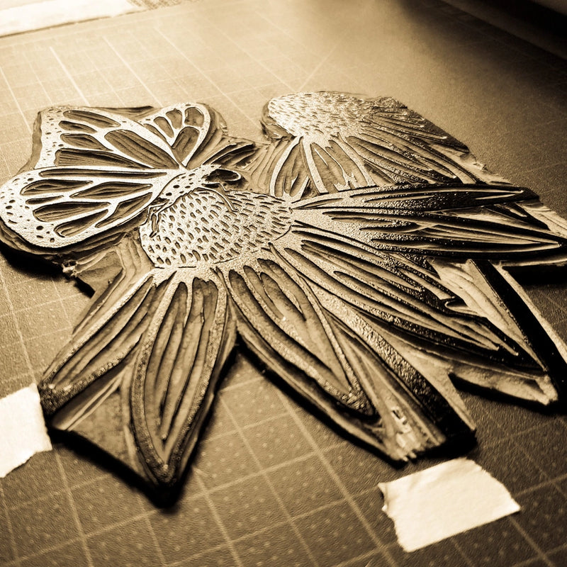 Monarch on Echinacea Linocut Card - carving process