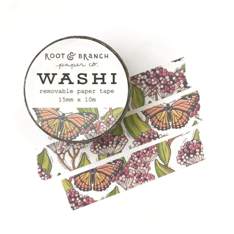 Washi tape with monarch butterfly and common milkweed design on a white background