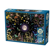 Jigsaw puzzle box with a fantasy forest design featuring a moonlit sky, flowers,  mushrooms and insects.