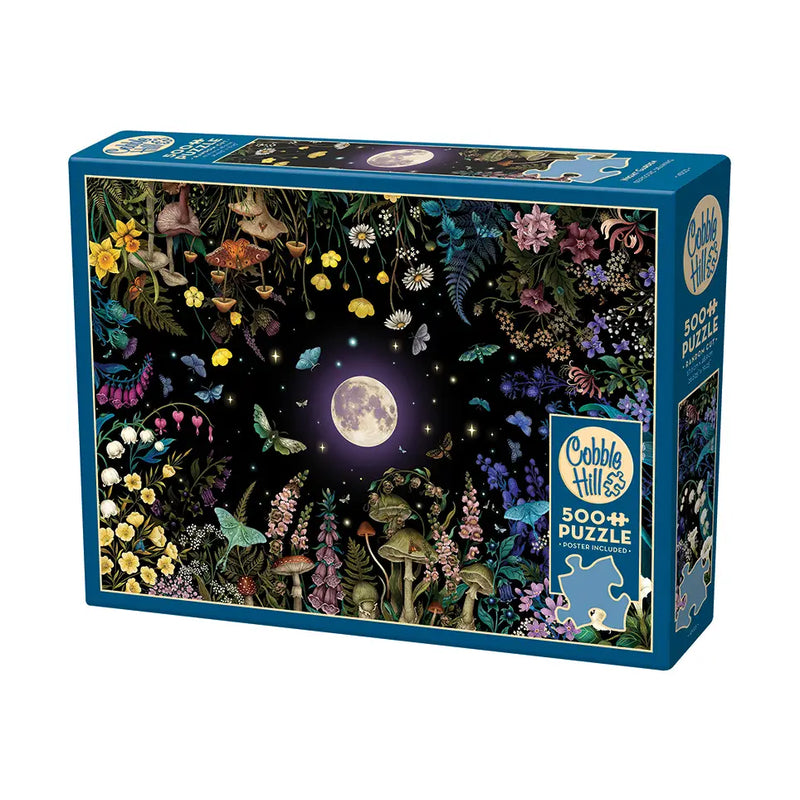 Jigsaw puzzle box with a fantasy forest design featuring a moonlit sky, flowers,  mushrooms and insects.