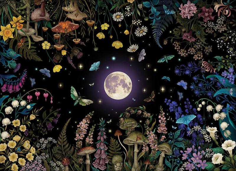 Night Garden reference poster featuring various flora, mushrooms, and insects arranged around a central full moon and stars.