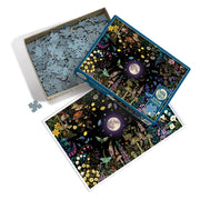 Jigsaw puzzle set with a moonlit garden design on a white background