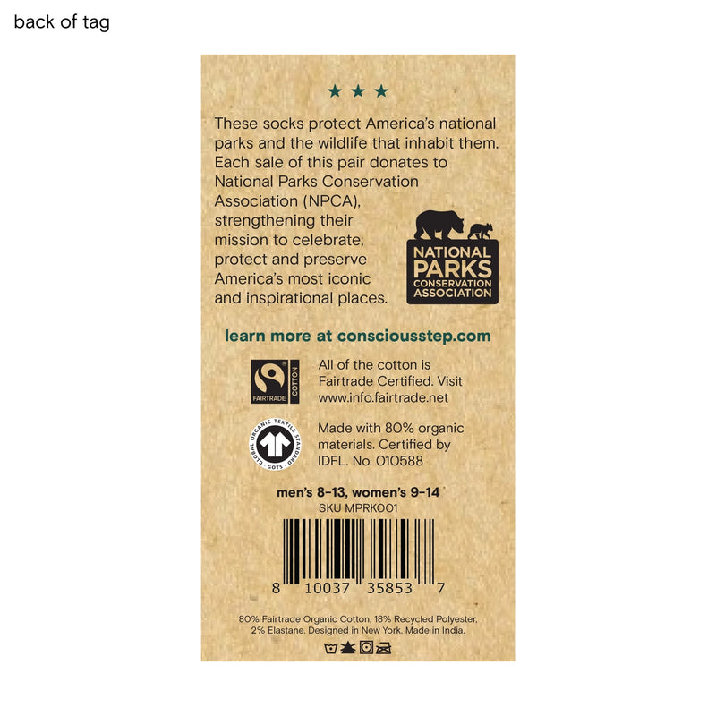 Back of a sock tag with text about supporting national parks and Fairtrade certification.