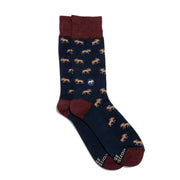 Navy sock with moose pattern and maroon accents on a white background