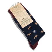 pair of folded navy and maroon moose socks with tag packaging