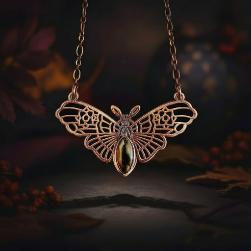 Copper witch moth necklace with a central gemstone on a dark background