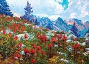 Where Gods Reside up close design of alpine mountain scene, snowy pine trees and vibrant red flowers