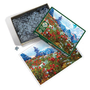 Jigsaw puzzle set with mountain and flower design on a white background