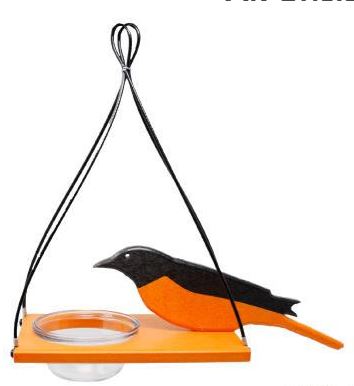 Bird-shaped feeder with orange and black design on a white background