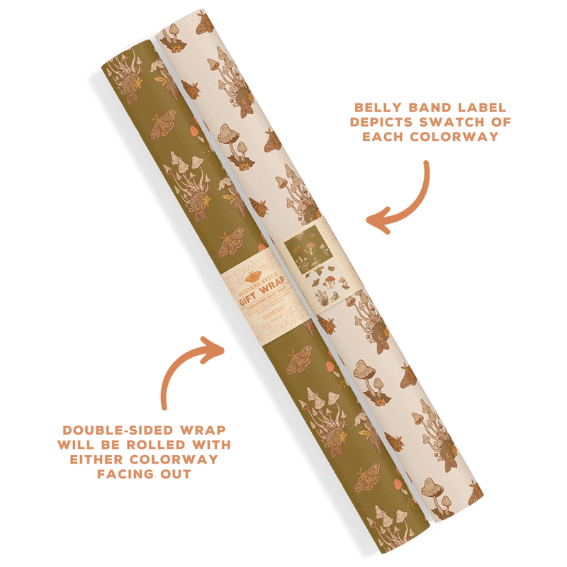 Recyclable Gift Wrap / Double-Sided Wrapping Paper: Mushrooms (Green & Cream)