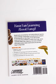 Back cover of a book about fungi with text and images on a white background