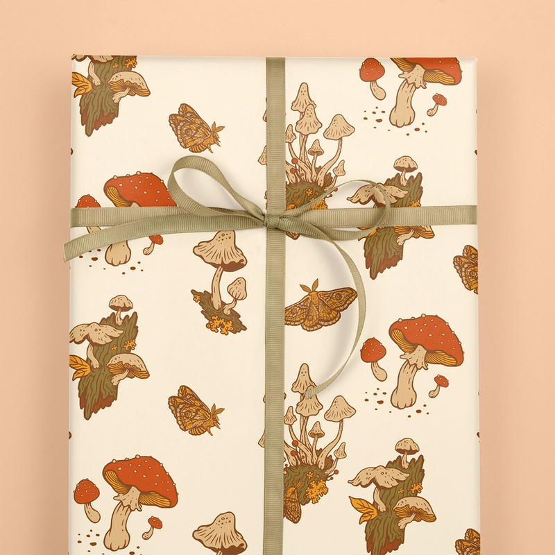 Recyclable Gift Wrap / Double-Sided Wrapping Paper: Mushrooms (Green & Cream) - Ribbon not included