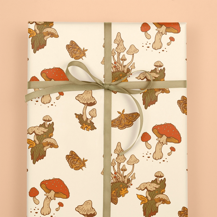 Recyclable Gift Wrap / Double-Sided Wrapping Paper: Mushrooms (Green & Cream) - Ribbon not included