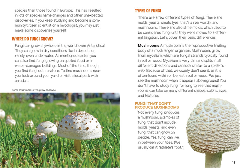 Book page about fungi with text and images of mushrooms on grass.