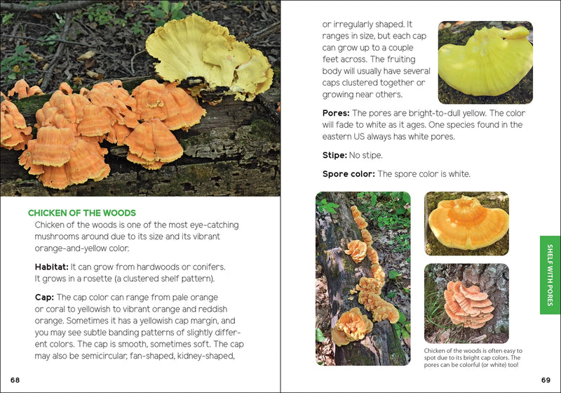 Book page with images and text about 'Chicken of the Woods' mushrooms.