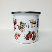 Enamel mug with mushroom illustrations on a white background