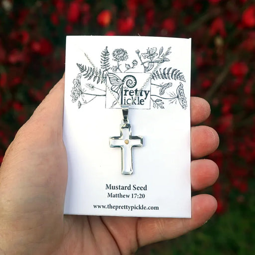 Mustard Seed Cross Necklace
with packaging