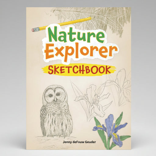 Nature Explorer Sketchbook cover with owl illustration and pencil on beige background