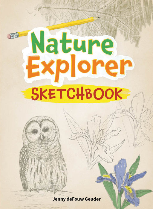 Nature Explorer Sketchbook cover with owl illustration and pencil on beige background