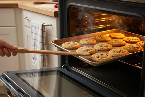 Person taking a tray of cookies out of an oven with the notched spurtle