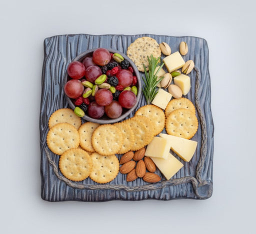 Square Stoneware Platter with Oak Bowl - Wood Pattern in use