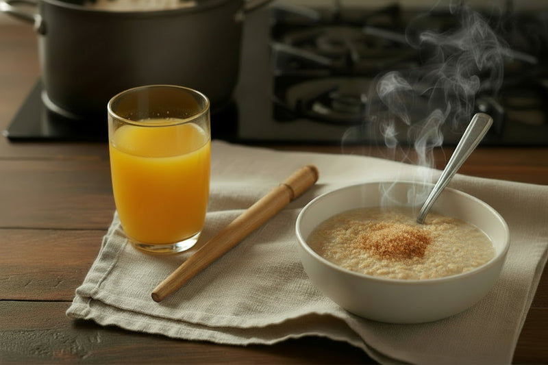 red oak spurtle next to a bowl of oatmeal and a glass of orange juice