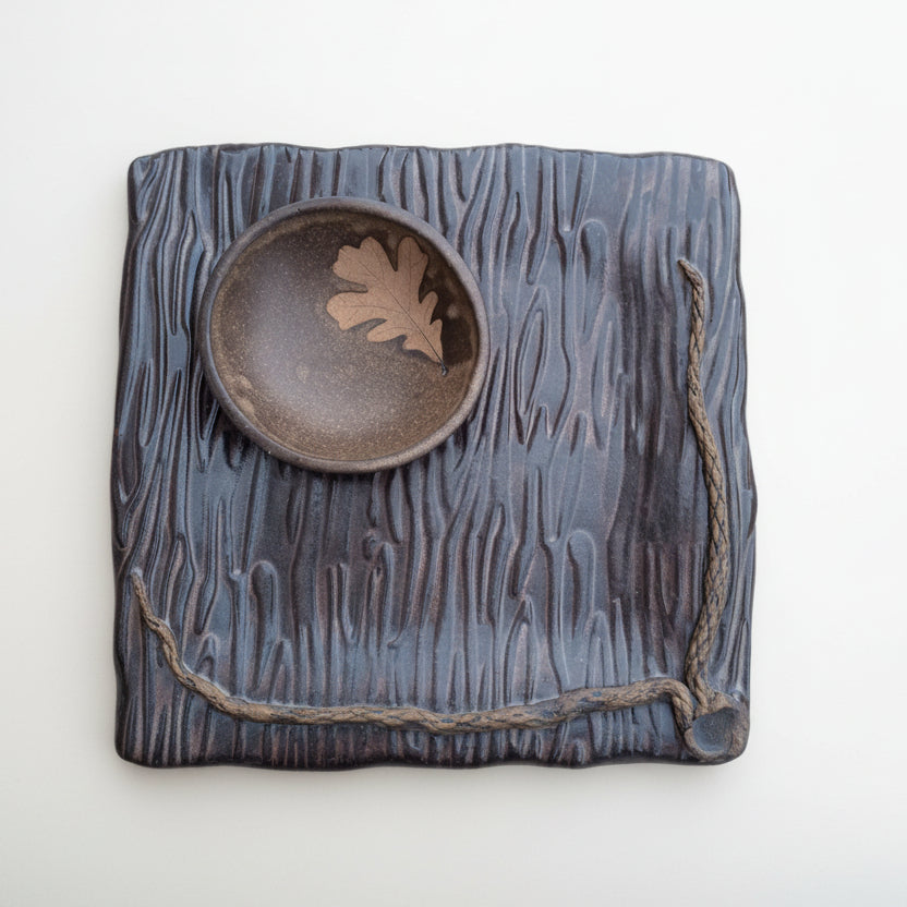 Square Stoneware Platter with Bowl - Wood Pattern