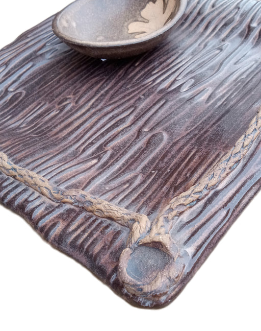 Square Stoneware Platter with Oak Bowl - Wood Pattern