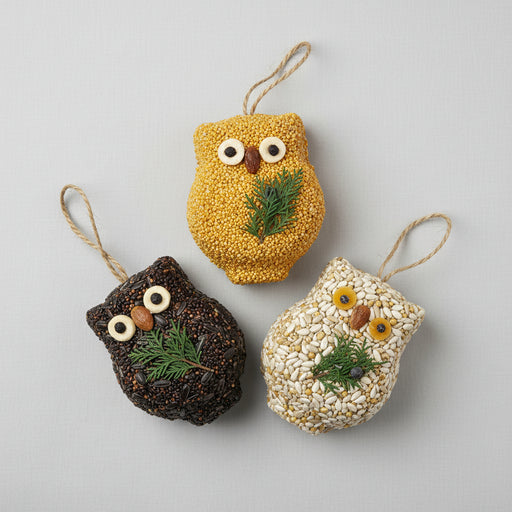 3 small owl-shaped ornaments, 1 black, 1 orange, 1 cream made of seeds, dried fruit for features and a sprig of pine for holiday cheer.