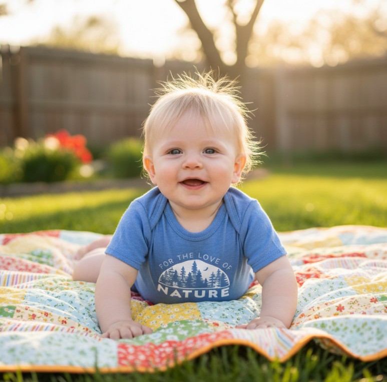Infant Onesie - For the Love of Nature
baby boy in heather Columbia blue onesie