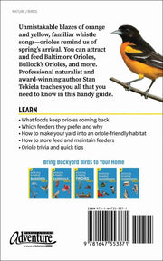 Back cover of a book about orioles with text and a barcode