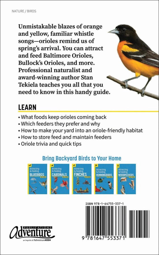 Back cover of a book about orioles with text and a barcode