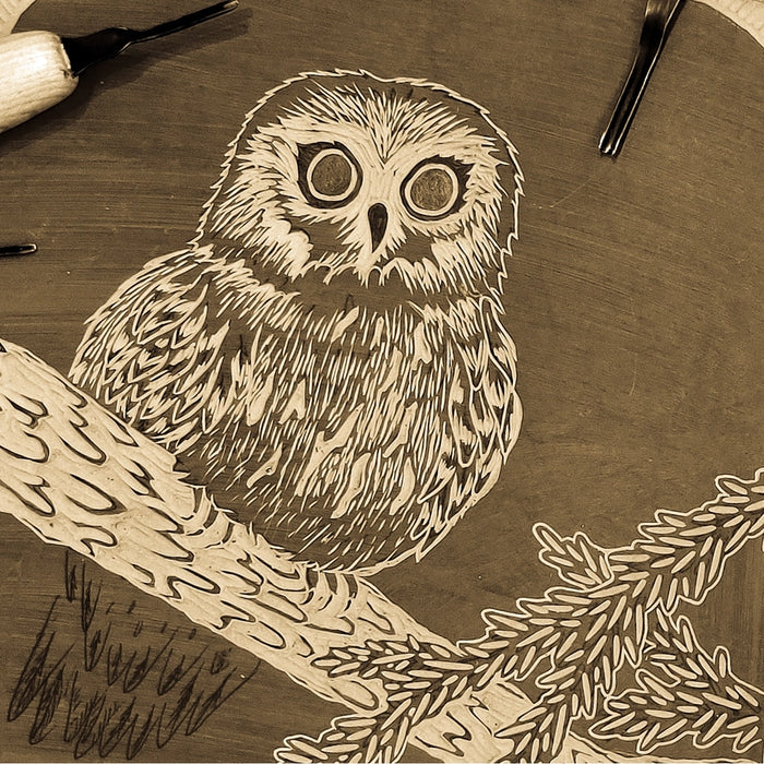 Saw-Whet Owl Linoprint carving process