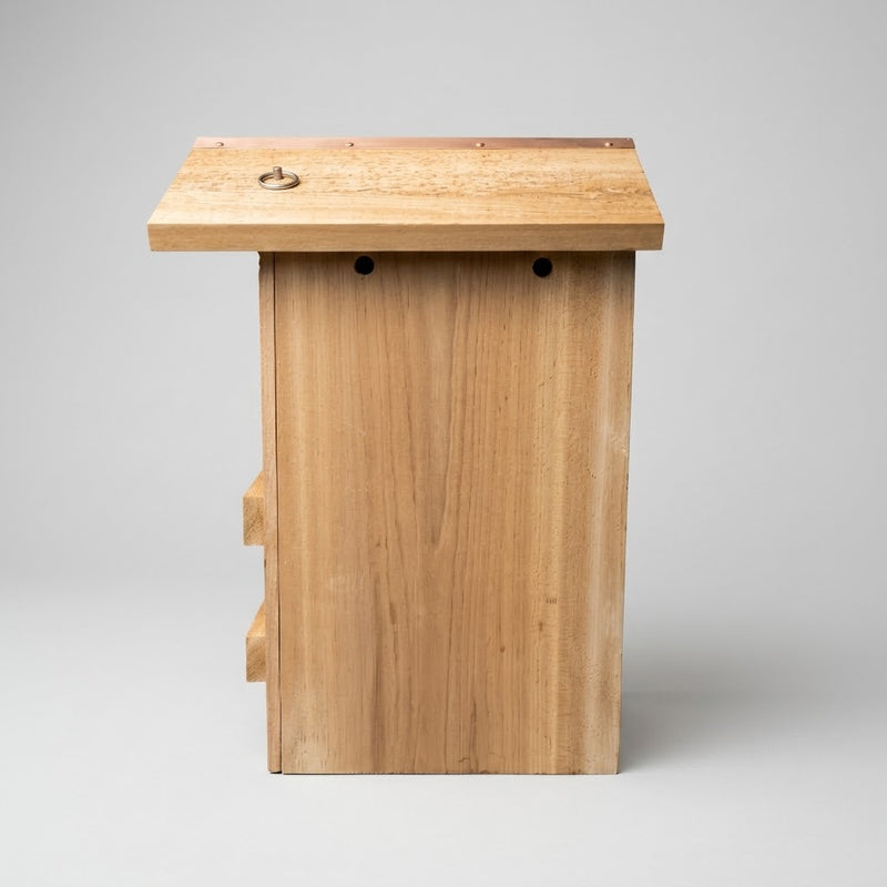 Screech Owl Nesting Box -  Western Red Cedar
side view of ventilation holes 