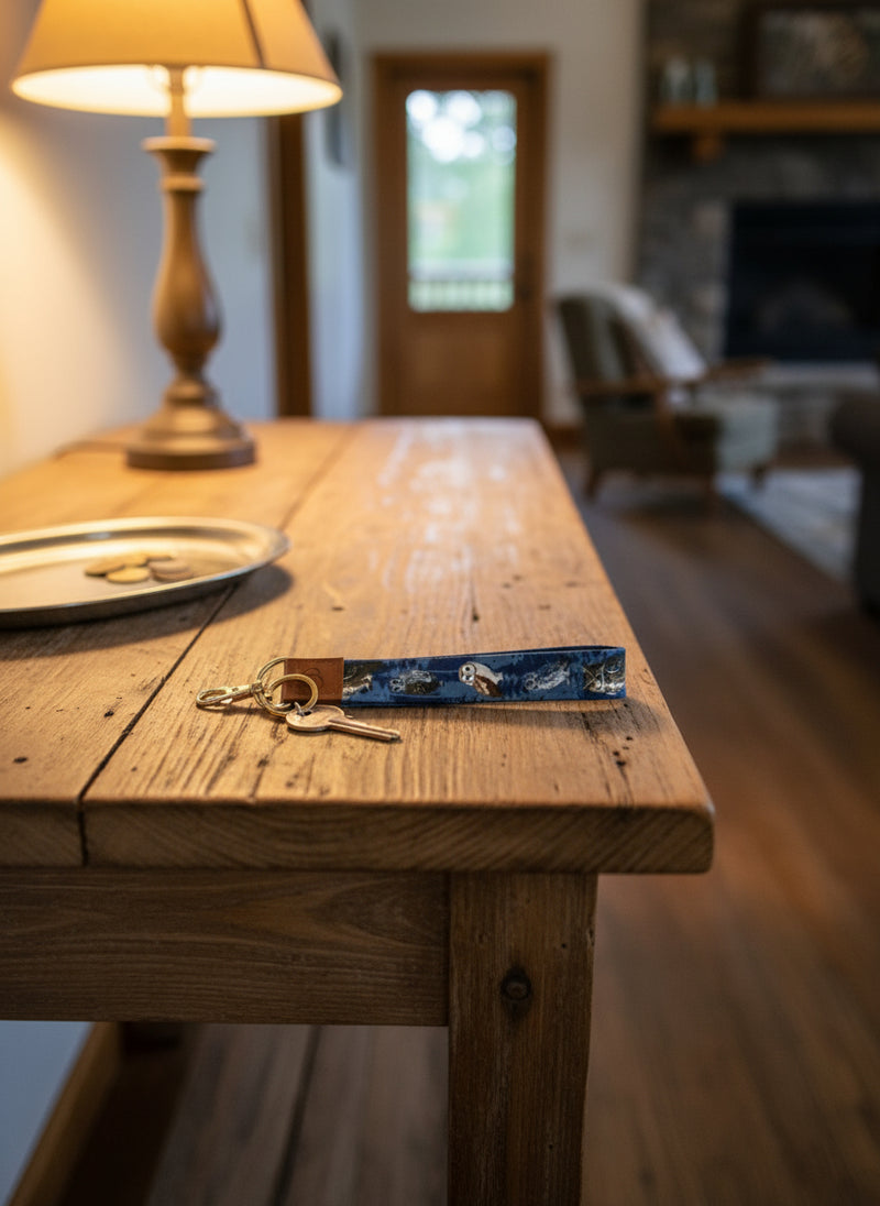 Wooden table with a keychain and decorative item in a home setting