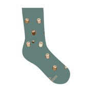 Teal Green sock with owl pattern on a white background