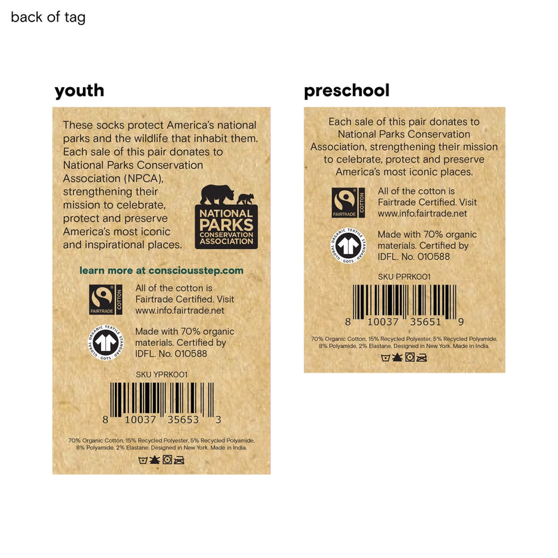 Back of socks labels for youth and preschool with National Parks Conservation Association and Fairtrade Certified logos.