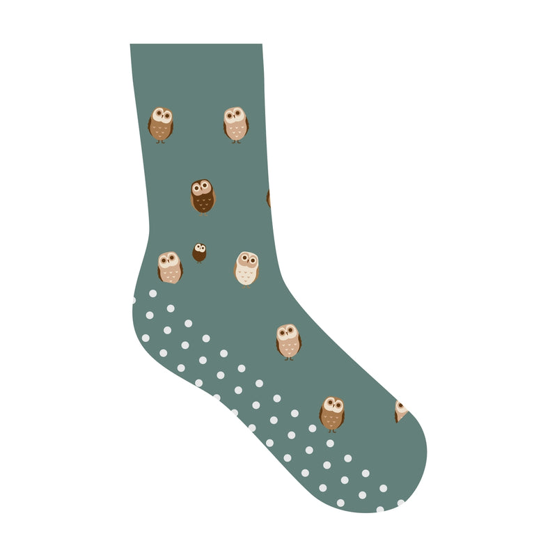 Teal Green sock with owl pattern on a white background